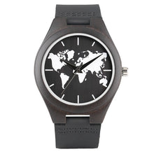 World Map Pattern Wooden Watch with Leather Strap