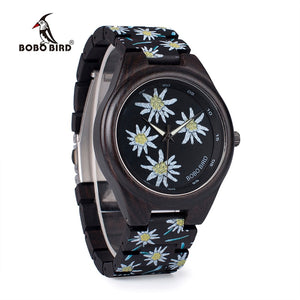Black Flower Print Wooden Watch