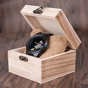 Black Flower Print Wooden Watch