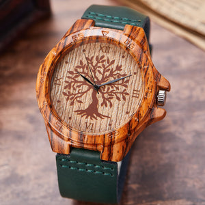 Tree of Life Pattern Wooden Watch with Leather Strap