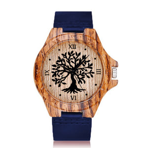 Tree of Life Pattern Wooden Watch with Leather Strap