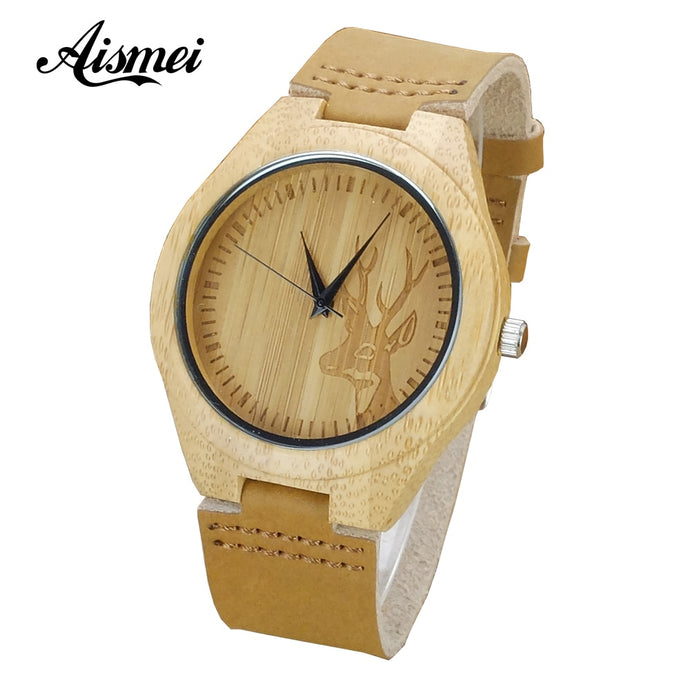 Elk Deer Bamboo Watch with Leather Band